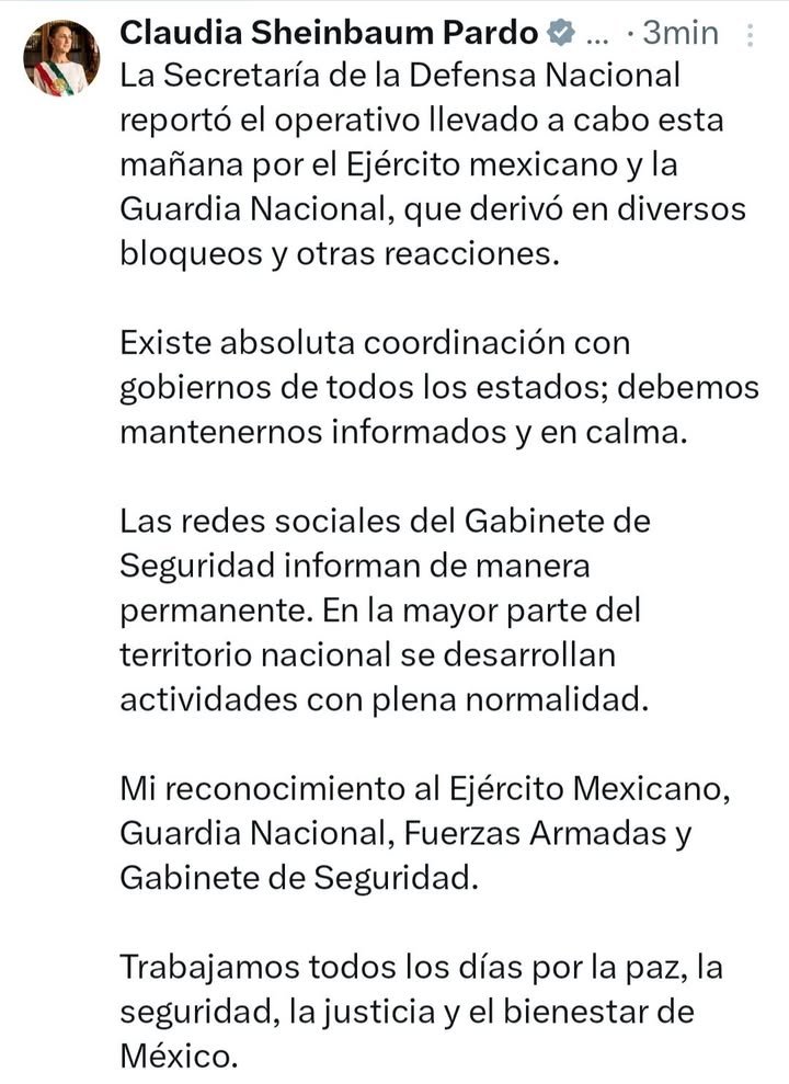Mi reconocimiento al Ejército Mexicano, Guardia Nacional, Fuerzas Armadas y Gabinete de Seguridad, escribe la Presidente Claudia...