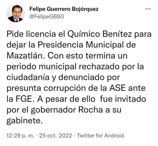 "RENUNCIA " EL QUMICO BENITEZ PARA DEJAR LA ALCALDIA