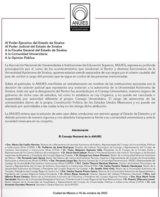 RESPALDA ANUIES A LA UAS.