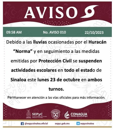 . Debido a las lluvias ocasionadas por el Huracán “Norma”, se suspenden activida