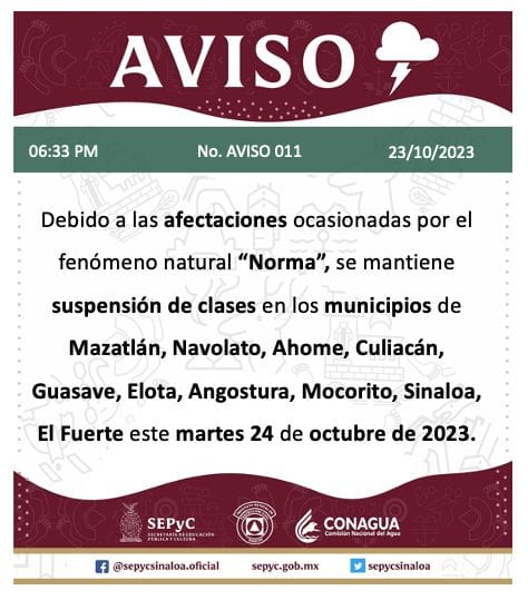 Por afectaciones de «Norma», se suspenden clases en 10 municipios de Sinaloa par