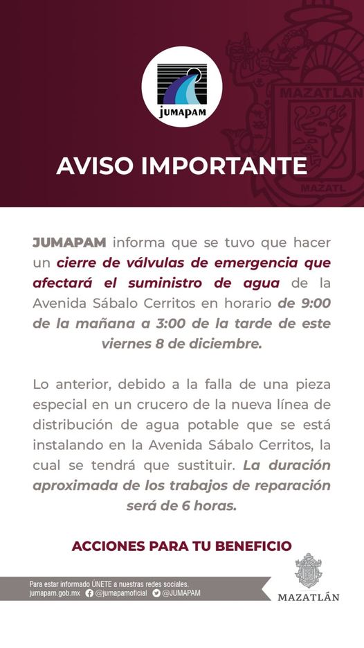 CIERRE DE EMERGENCIA PARA REPARACIÓN EN CERRITOS