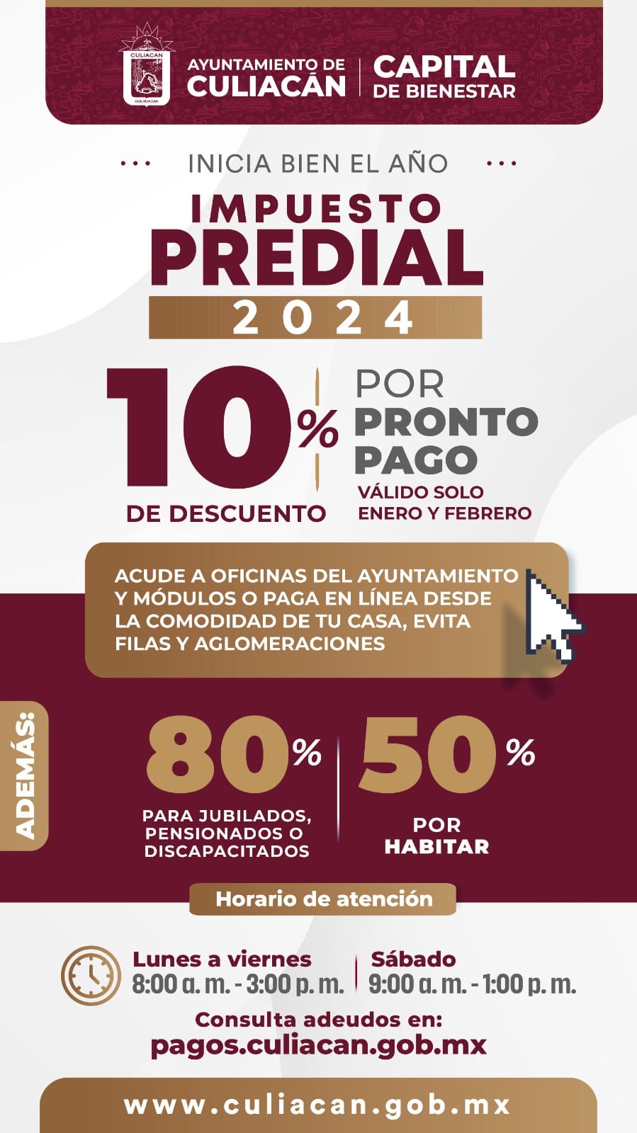 AYUNTAMIENTO DE CULIACÁN, APROVECHA LOS DESCUENTOS POR PRONTO PAGO DEL PREDIAL.