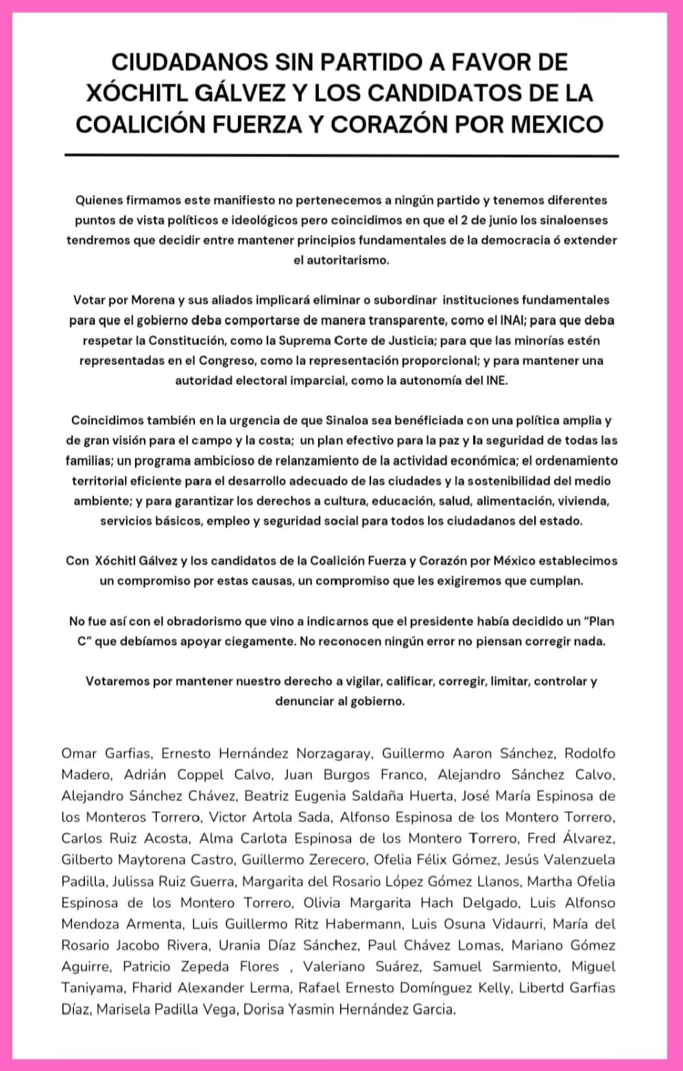 CIUDADANOS SINALOENSES SIN PARTIDO, MANIFIESTAN SU APOYO A XÓCHITL GÁLVEZ.