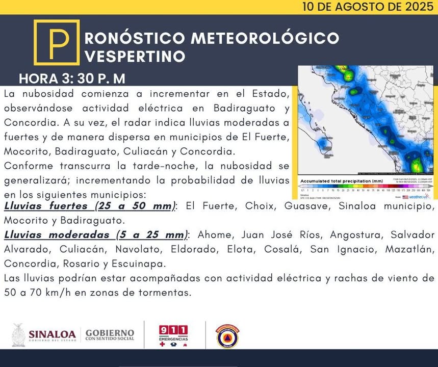Pronóstico meteorológico vespertino: Conforme transcurra la tarde, se prevé que incremente la probabilidad de lluvias de manera ...