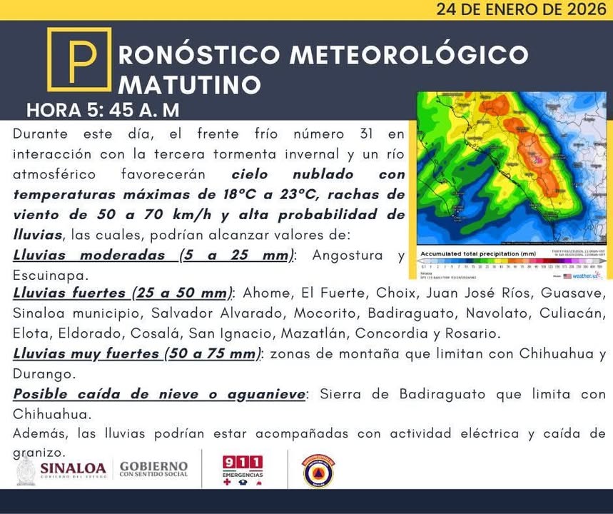 Pronóstico meteorológico de hoy sábado 24 de enero: Durante este día se prevé cielo nublado con alta probabilidad de lluvias, po...