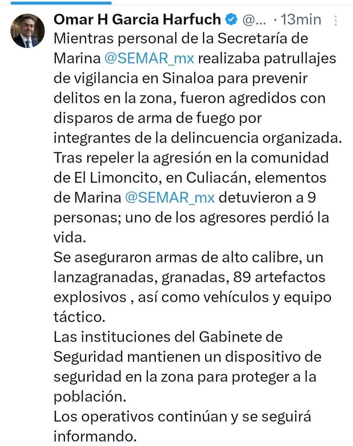 Ocho detenidos y un agresor muerto, en la Comunidad de El Limoncito en Culiacán, en enfrentamiento con La Marina, reporta Omar G...